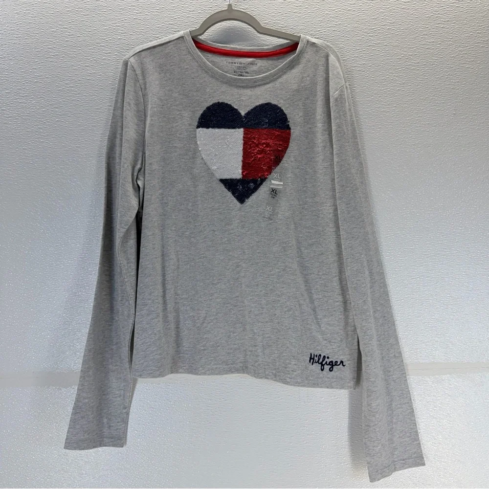 Tommy‎ Hilfiger Girls XL Gray Sequin Heart Long Sleeve Tee Cotton